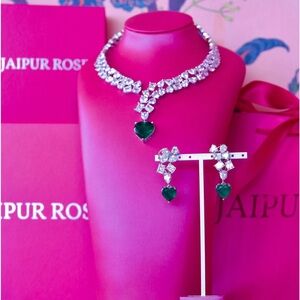 Jaipur Rose Luxury Jewelry Emerald Heart Shaped Pendant necklace and earring set